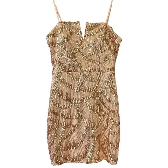Emerald Sundae Gold Beige V-Wire Sequined Bodycon Dress Size Large - Picture 6 of 15